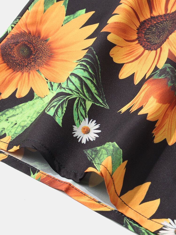 Camisa De Manga Corta Con Solapa Con Estampado De Girasol Y Margaritas Blancas Para Hombre