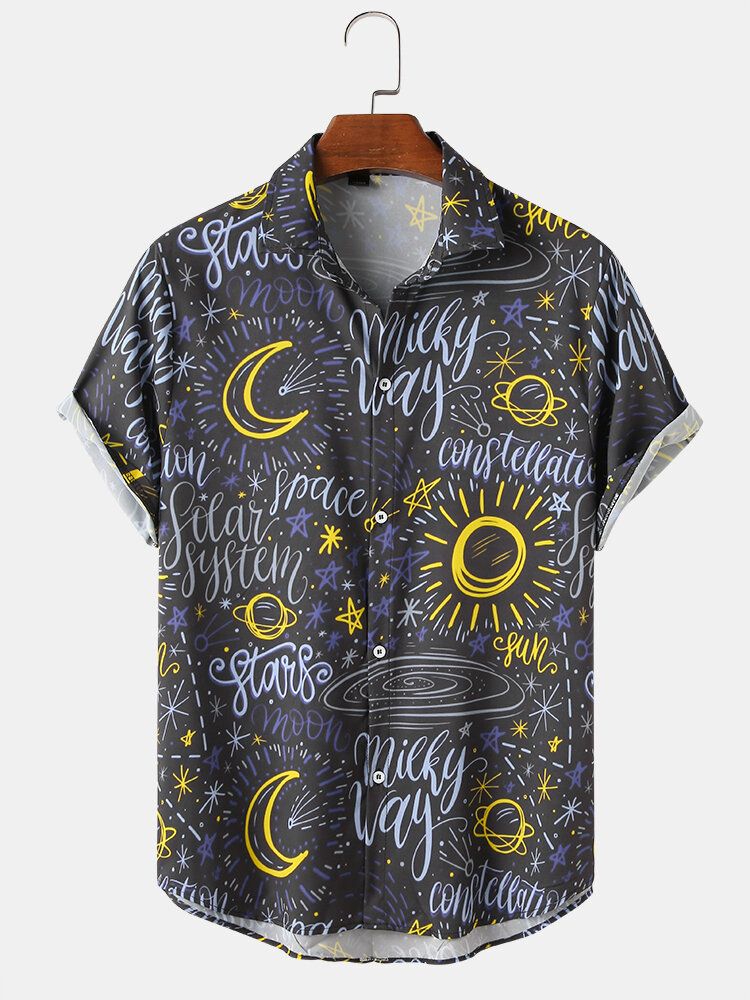 Camisa De Manga Corta Con Solapa Con Estampado De Sol Y Luna De Dibujos Animados Para Hombre