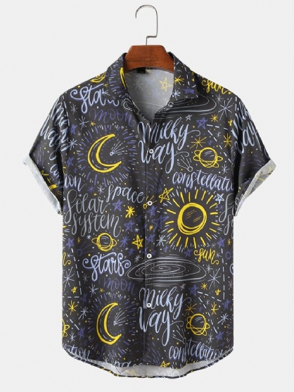 Camisa De Manga Corta Con Solapa Con Estampado De Sol Y Luna De Dibujos Animados Para Hombre