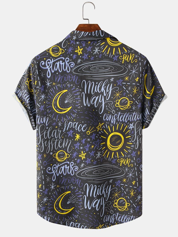 Camisa De Manga Corta Con Solapa Con Estampado De Sol Y Luna De Dibujos Animados Para Hombre