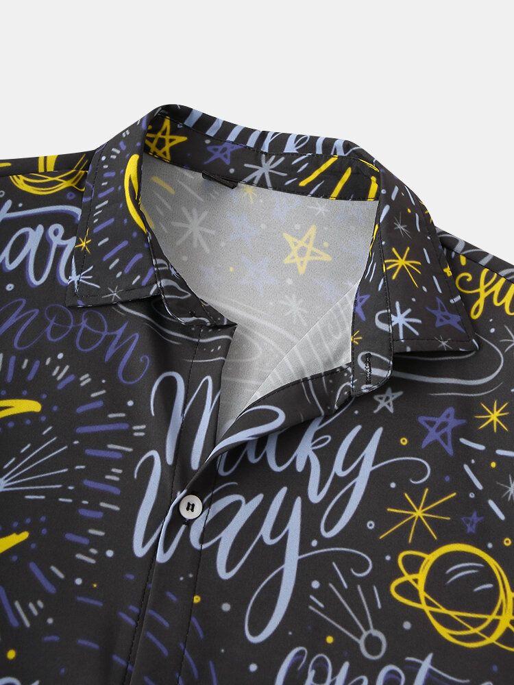 Camisa De Manga Corta Con Solapa Con Estampado De Sol Y Luna De Dibujos Animados Para Hombre