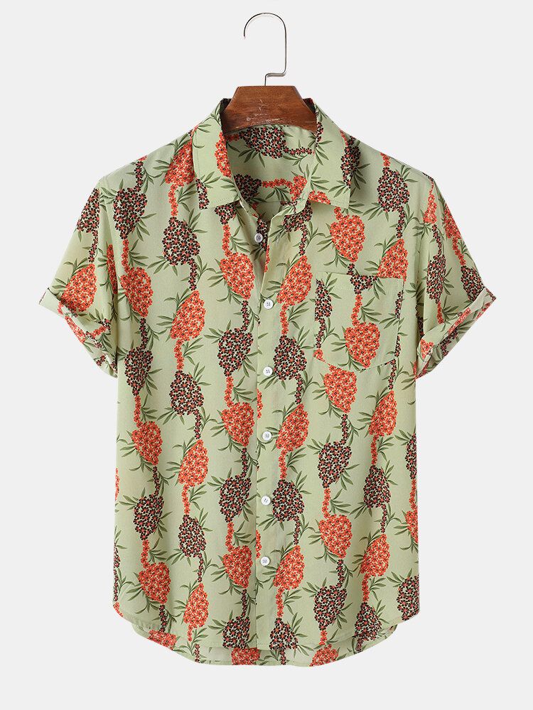 Camisa De Manga Corta Con Solapa De Flores Y Estampado De Uva Para Hombre