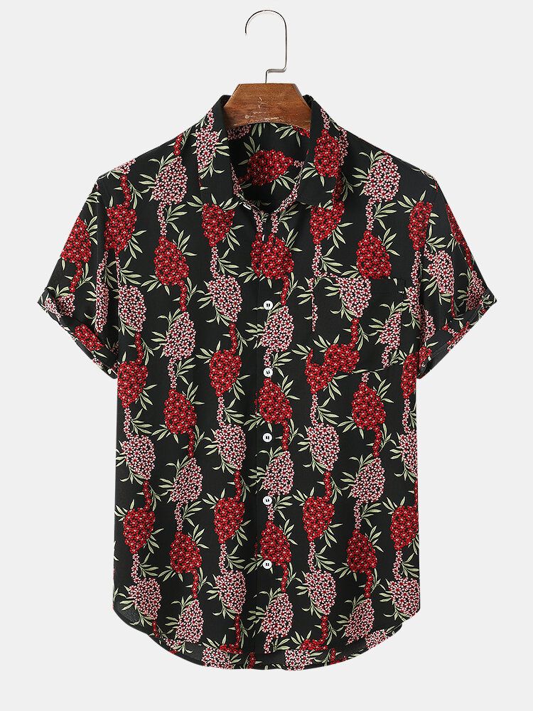 Camisa De Manga Corta Con Solapa De Flores Y Estampado De Uva Para Hombre