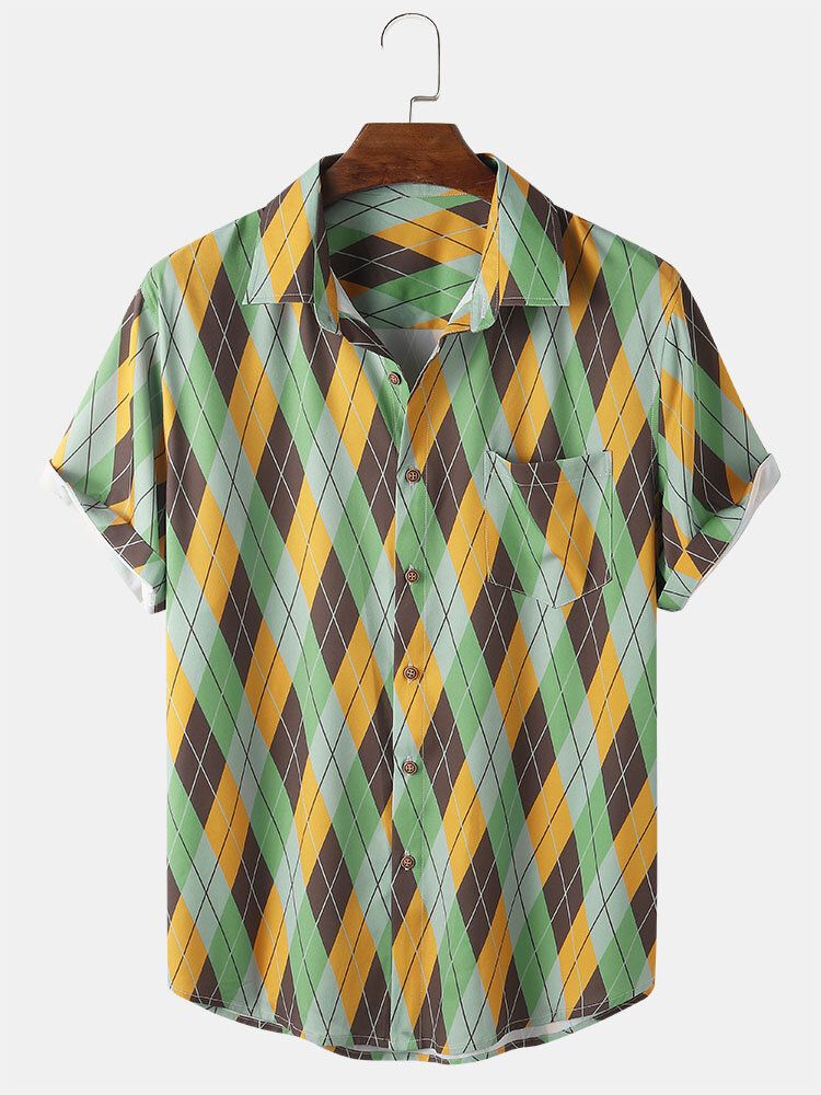 Camisa De Manga Corta Con Solapa Geométrica En Contraste De Bloque De Color Para Hombre