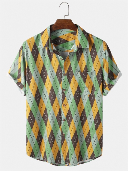 Camisa De Manga Corta Con Solapa Geométrica En Contraste De Bloque De Color Para Hombre