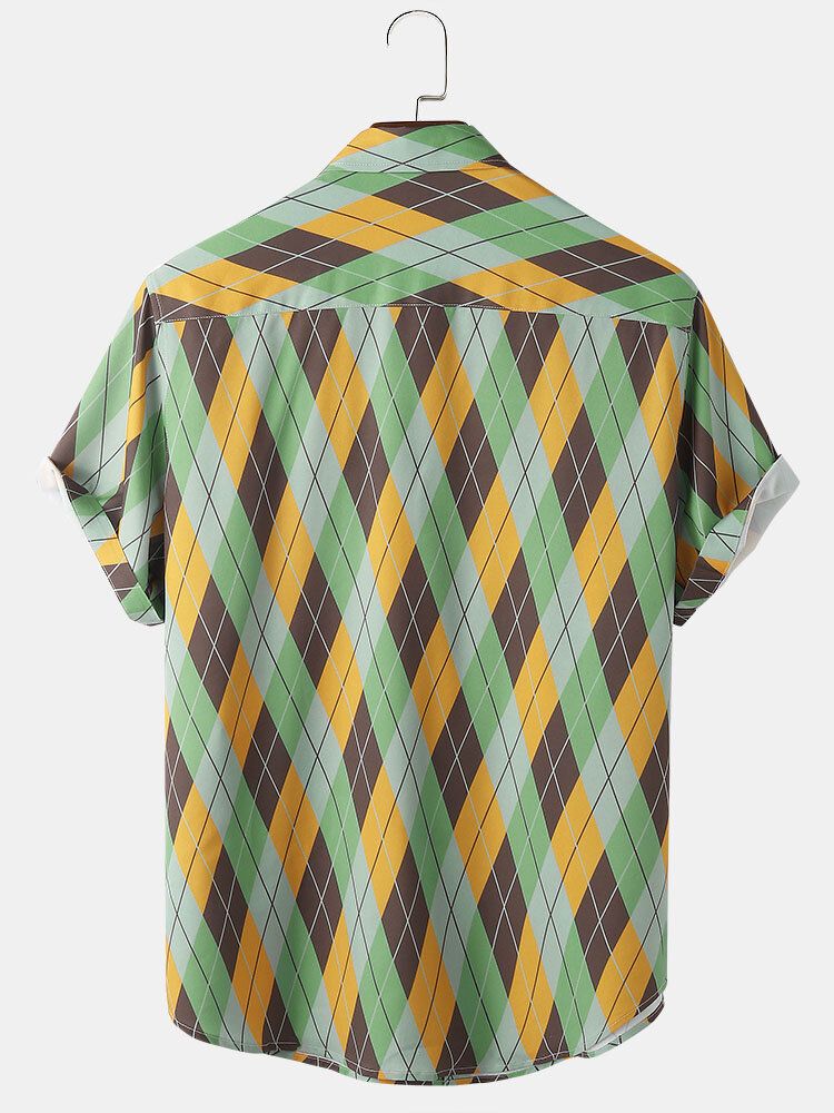 Camisa De Manga Corta Con Solapa Geométrica En Contraste De Bloque De Color Para Hombre