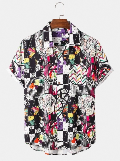 Camisa De Manga Corta Con Solapa De Graffiti En Contraste De Bloque De Color Para Hombre