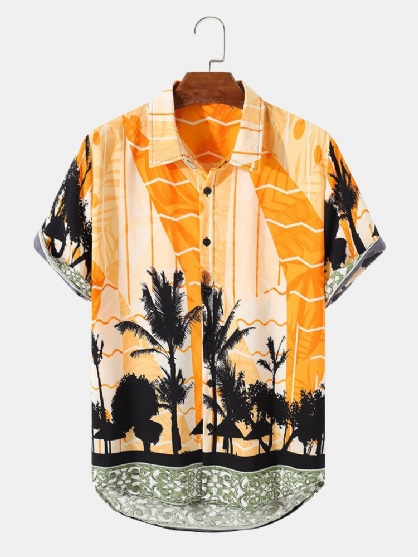 Camisa De Manga Corta Con Solapa Hawaii Con Estampado De Árbol De Coco Para Hombre