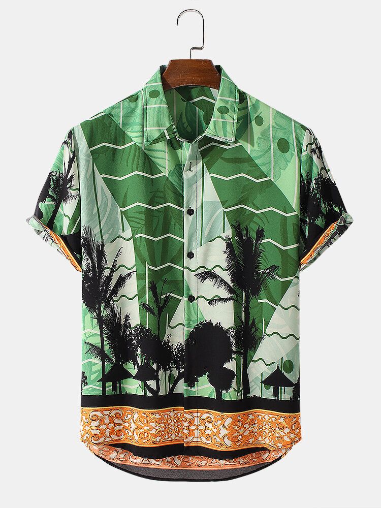 Camisa De Manga Corta Con Solapa Hawaii Con Estampado De Árbol De Coco Para Hombre