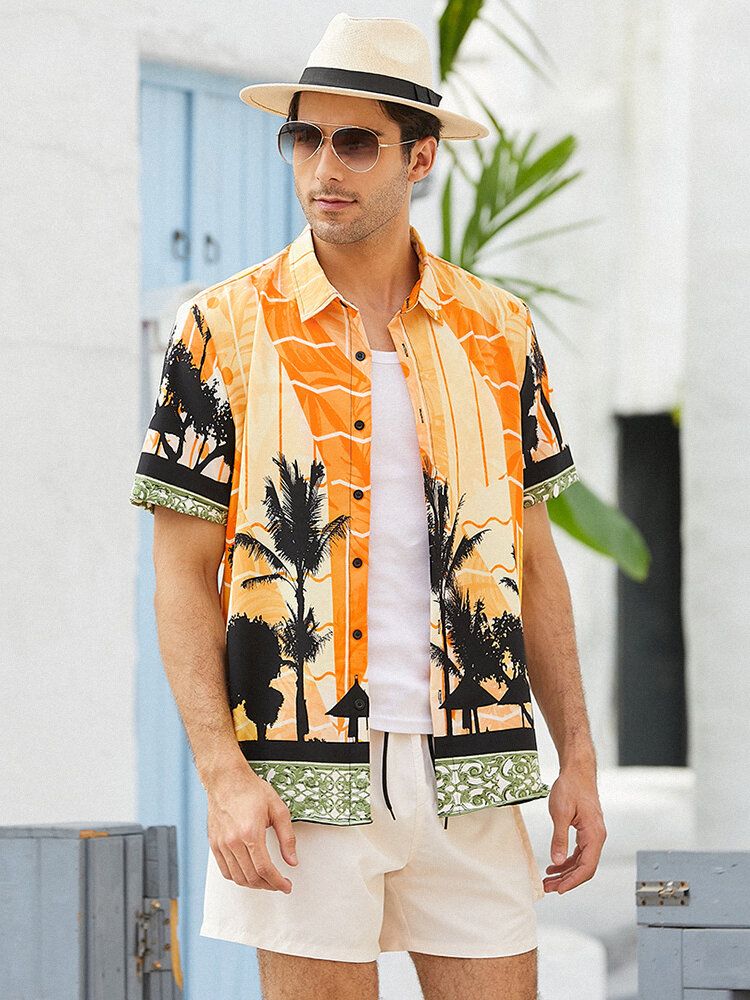 Camisa De Manga Corta Con Solapa Hawaii Con Estampado De Árbol De Coco Para Hombre