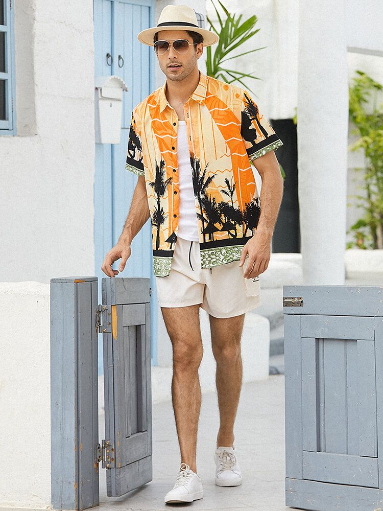 Camisa De Manga Corta Con Solapa Hawaii Con Estampado De Árbol De Coco Para Hombre