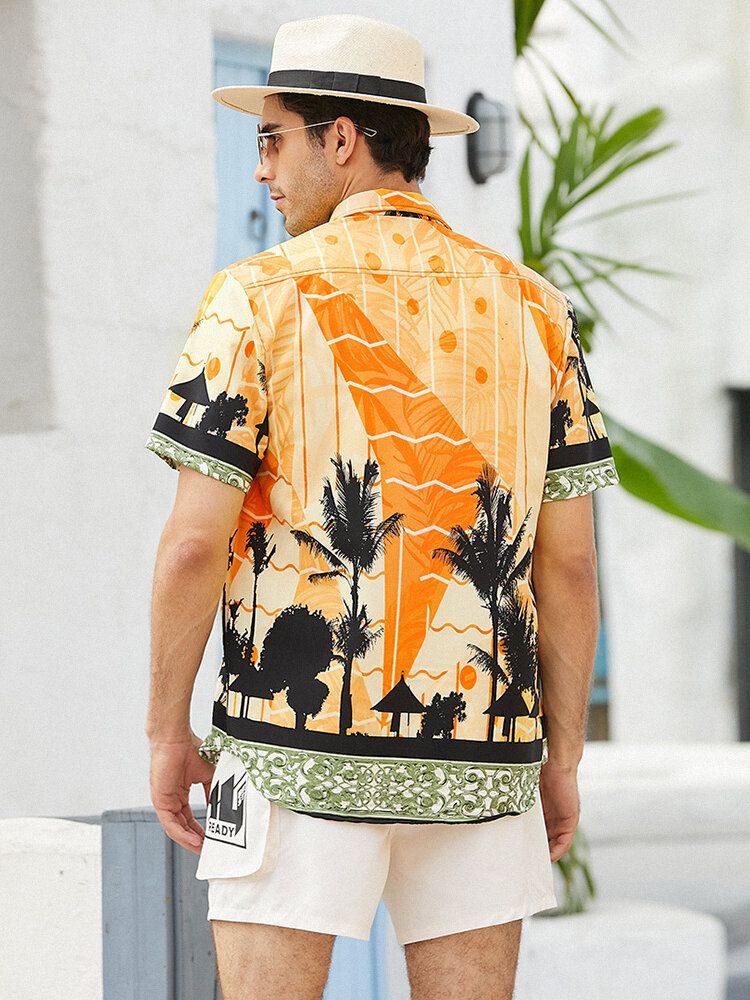 Camisa De Manga Corta Con Solapa Hawaii Con Estampado De Árbol De Coco Para Hombre