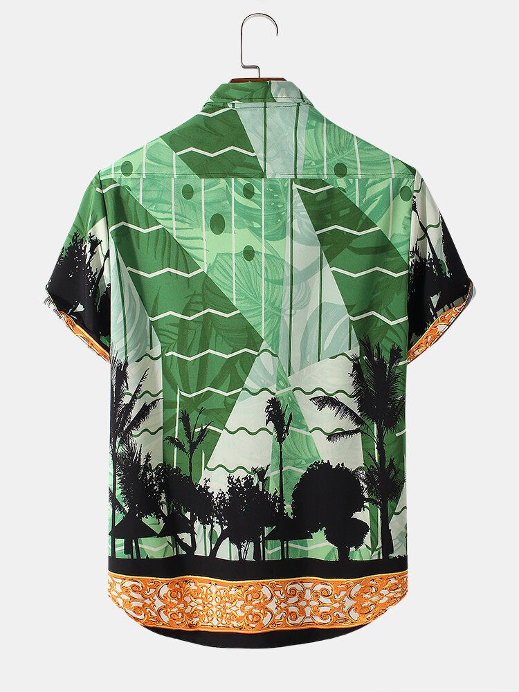 Camisa De Manga Corta Con Solapa Hawaii Con Estampado De Árbol De Coco Para Hombre