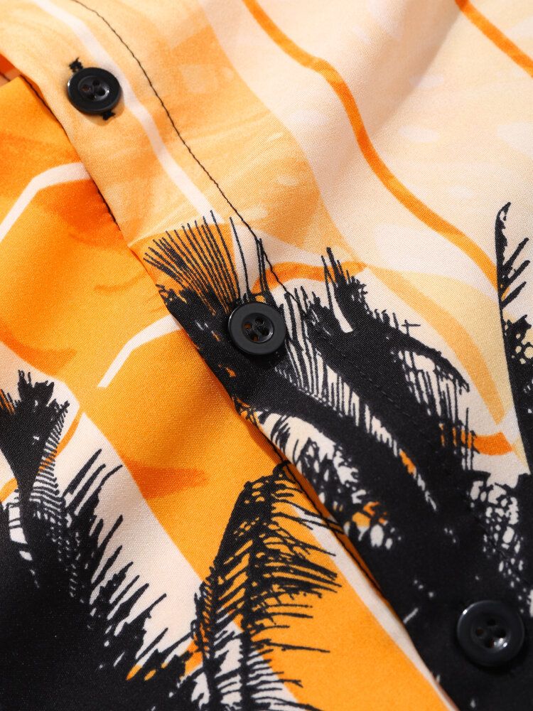 Camisa De Manga Corta Con Solapa Hawaii Con Estampado De Árbol De Coco Para Hombre