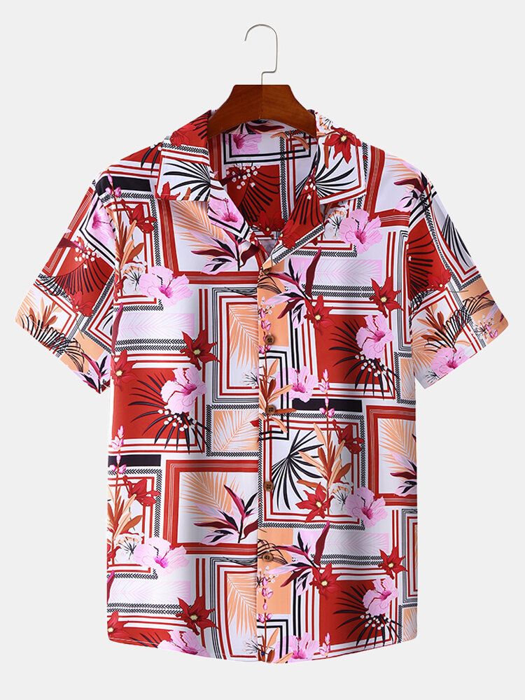 Camisa De Manga Corta Con Solapa Informal De Vacaciones Con Estampado Geométrico Floral Para Hombre