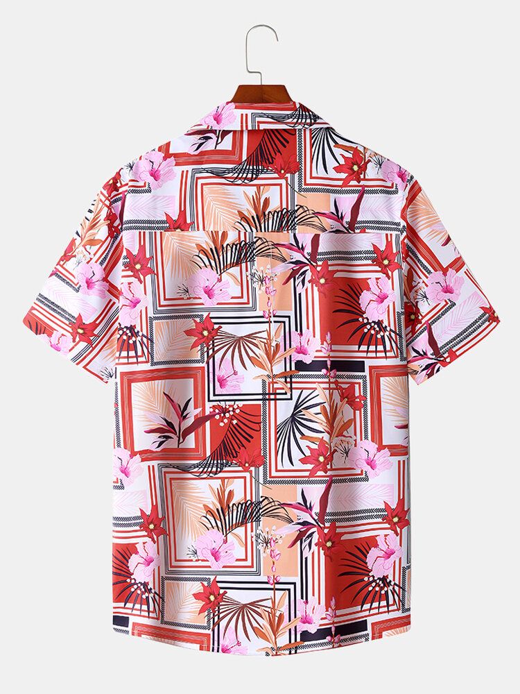 Camisa De Manga Corta Con Solapa Informal De Vacaciones Con Estampado Geométrico Floral Para Hombre