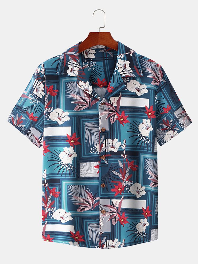 Camisa De Manga Corta Con Solapa Informal De Vacaciones Con Estampado Geométrico Floral Para Hombre