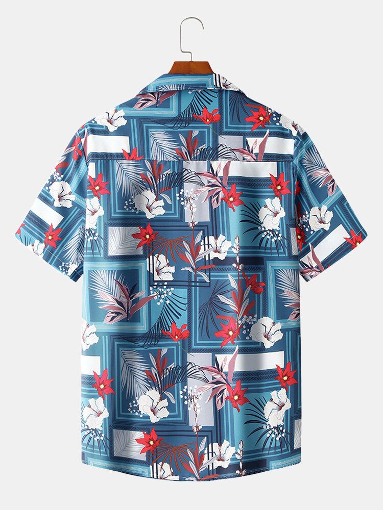 Camisa De Manga Corta Con Solapa Informal De Vacaciones Con Estampado Geométrico Floral Para Hombre