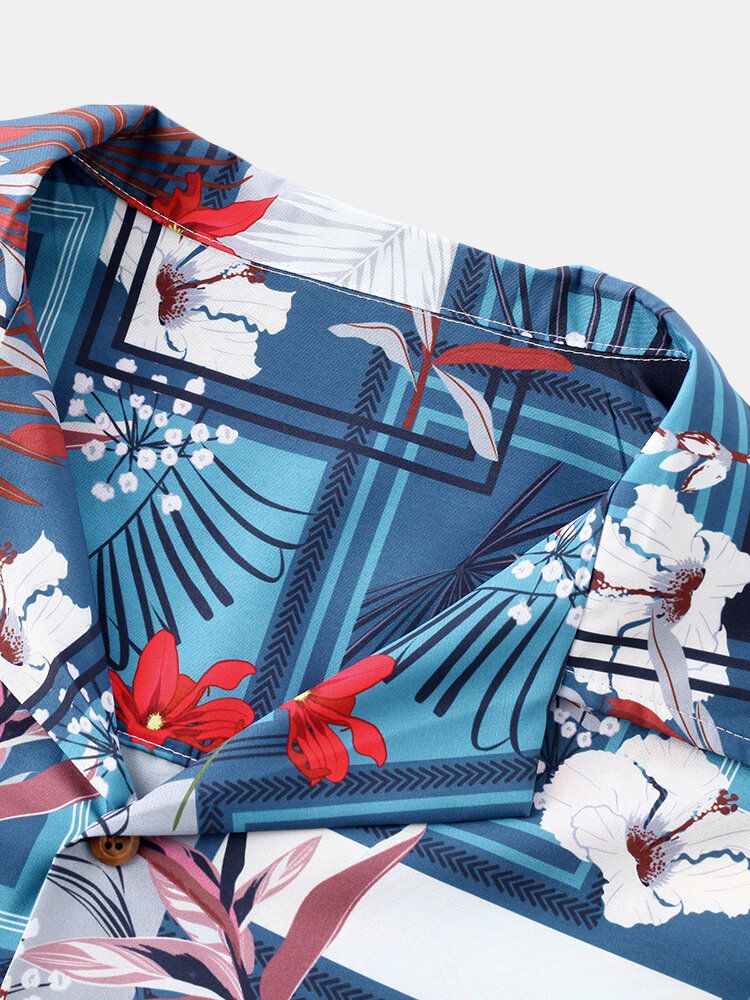 Camisa De Manga Corta Con Solapa Informal De Vacaciones Con Estampado Geométrico Floral Para Hombre