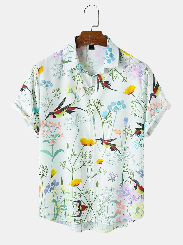 Camisa De Manga Corta Con Solapa Informal De Vacaciones Con Estampado De Pintura Floral De Pájaros Para Hombre