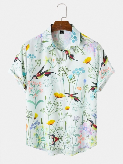 Camisa De Manga Corta Con Solapa Informal De Vacaciones Con Estampado De Pintura Floral De Pájaros Para Hombre