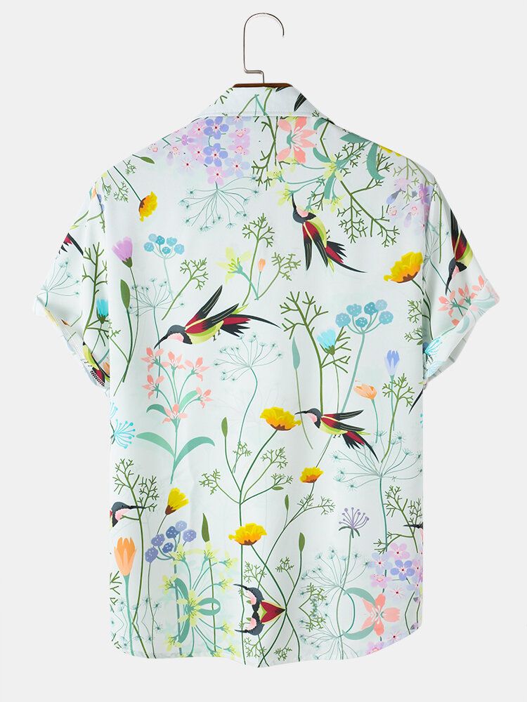 Camisa De Manga Corta Con Solapa Informal De Vacaciones Con Estampado De Pintura Floral De Pájaros Para Hombre