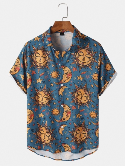 Camisa De Manga Corta Con Solapa Misteriosa Con Estampado De Sol Y Luna Para Hombre