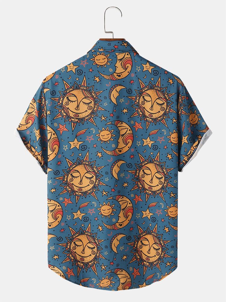 Camisa De Manga Corta Con Solapa Misteriosa Con Estampado De Sol Y Luna Para Hombre