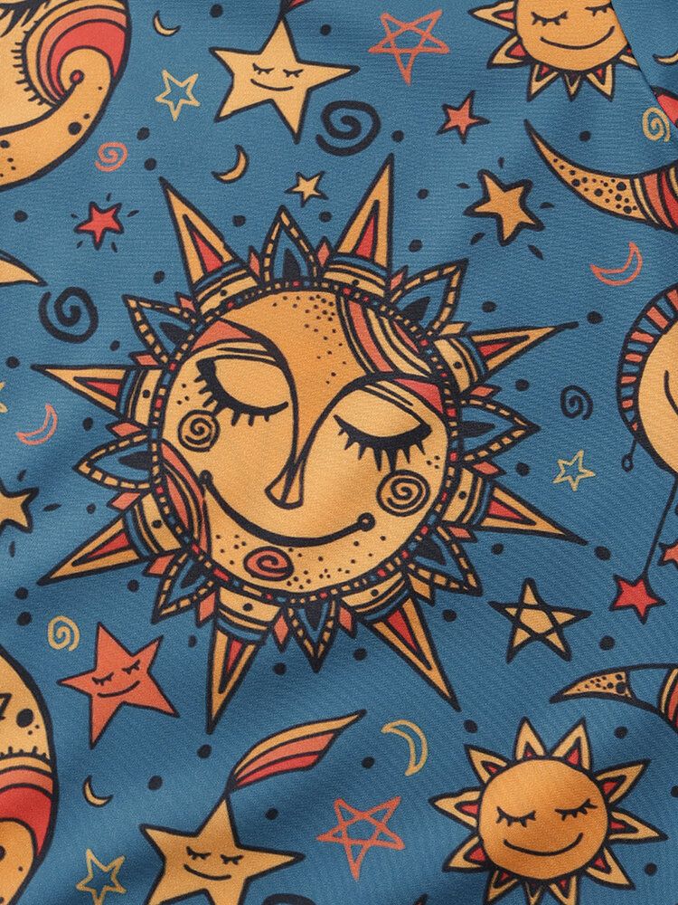 Camisa De Manga Corta Con Solapa Misteriosa Con Estampado De Sol Y Luna Para Hombre