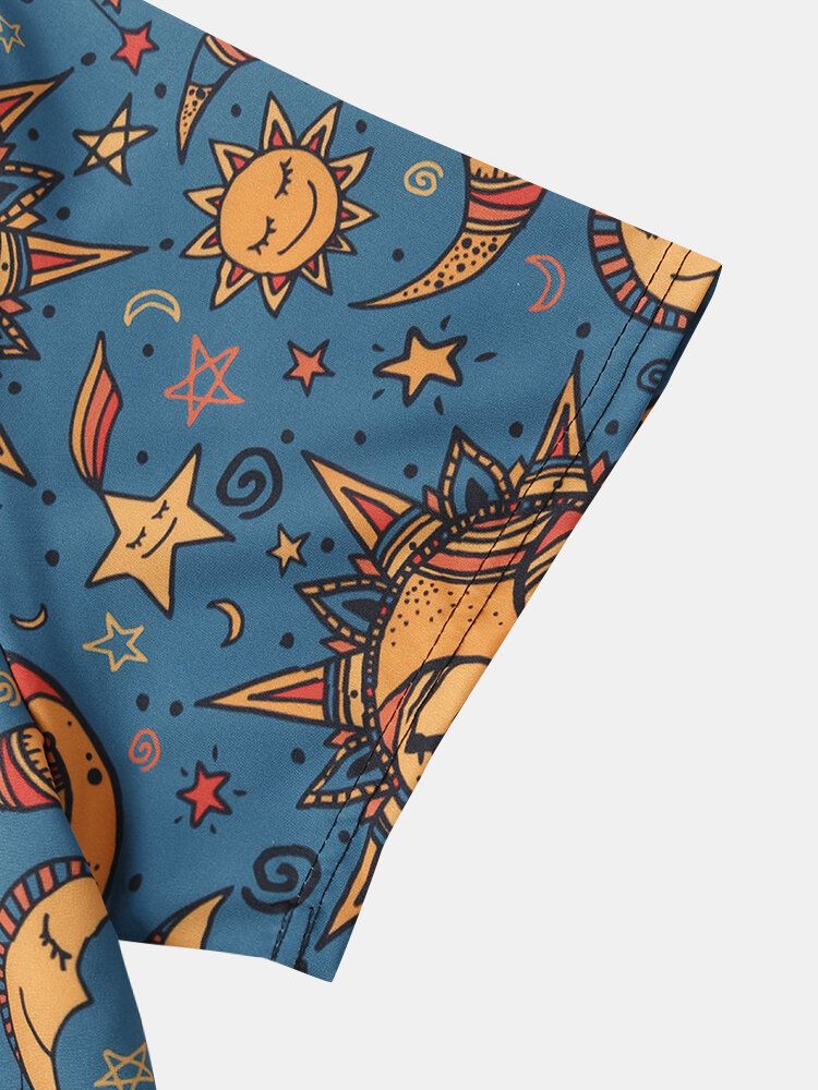 Camisa De Manga Corta Con Solapa Misteriosa Con Estampado De Sol Y Luna Para Hombre