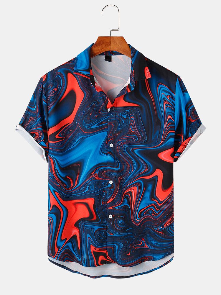 Camisa De Manga Corta Con Solapa De Onda De Contraste De Color Para Hombre