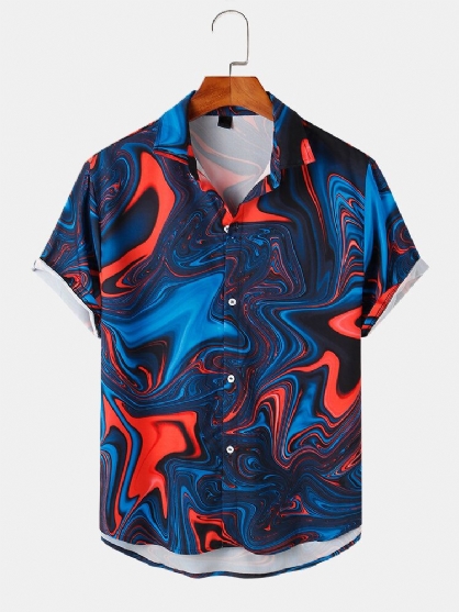 Camisa De Manga Corta Con Solapa De Onda De Contraste De Color Para Hombre