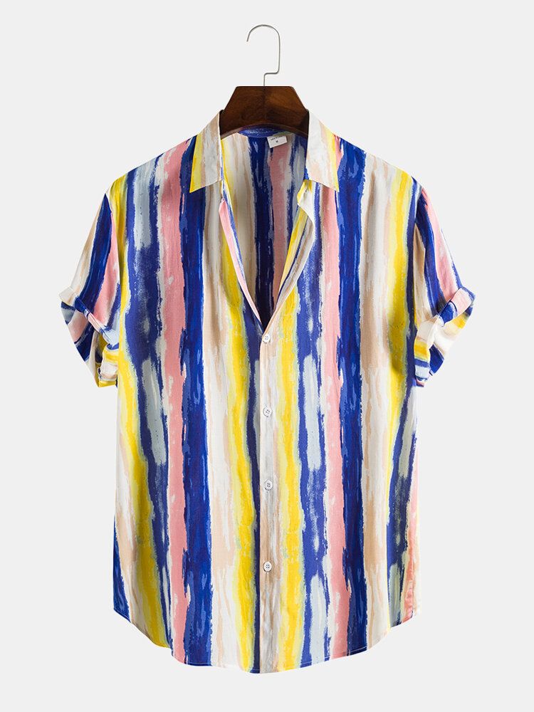 Camisa De Manga Corta Con Solapa De Rayas De Colores Para Hombre