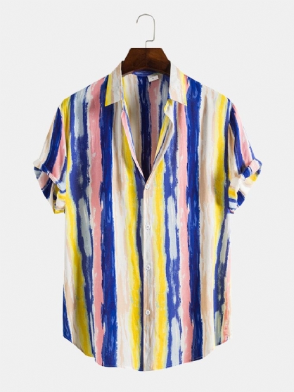 Camisa De Manga Corta Con Solapa De Rayas De Colores Para Hombre