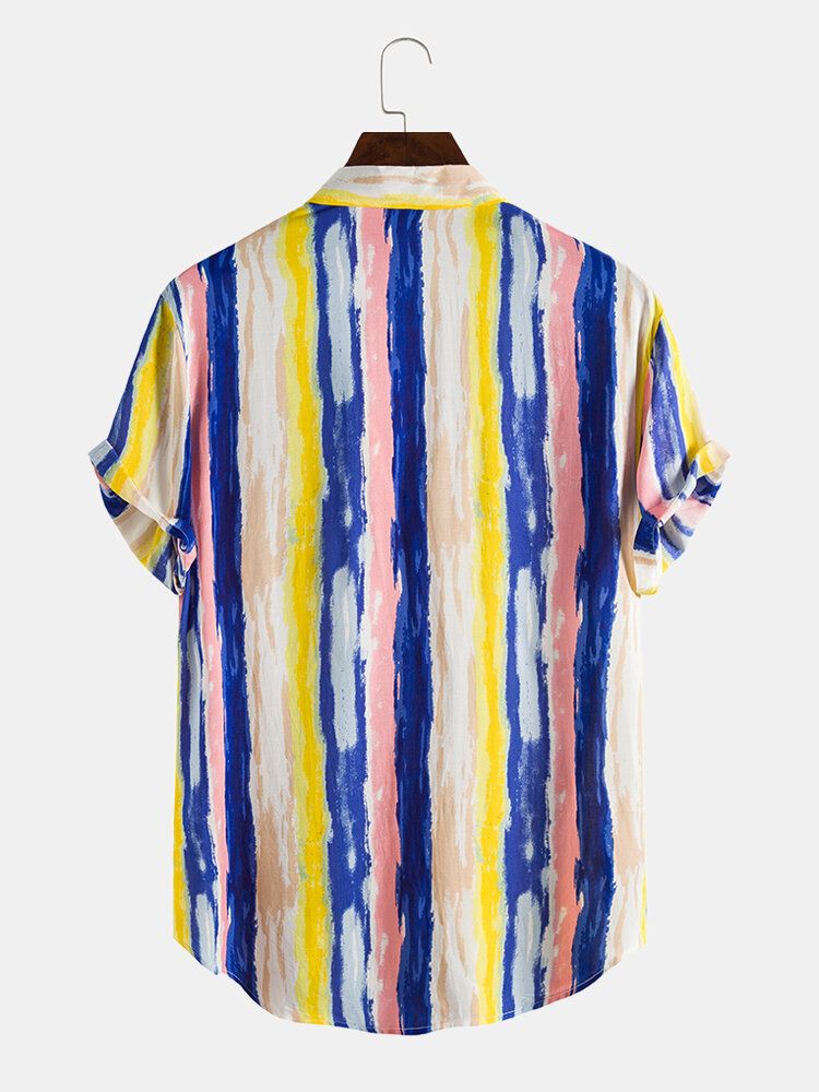 Camisa De Manga Corta Con Solapa De Rayas De Colores Para Hombre