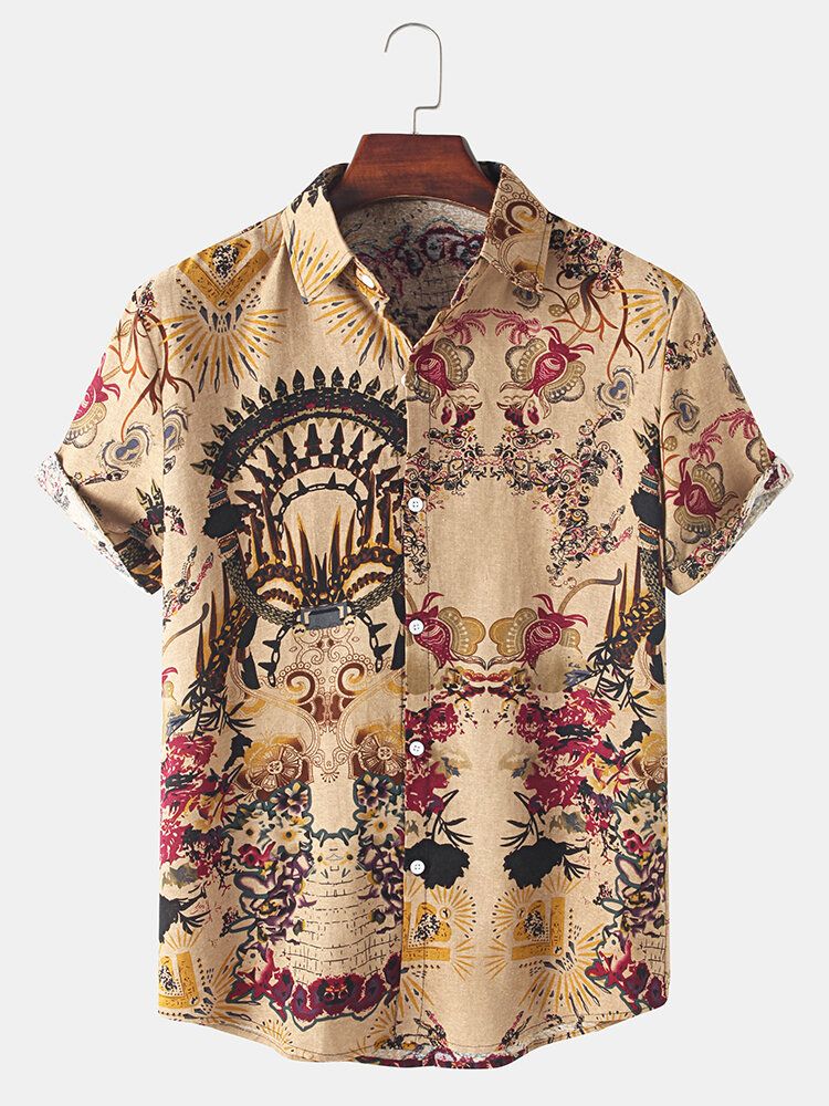 Camisa De Manga Corta Con Solapa Vintage Y Estampado Floral De Estilo Nacional Para Hombre