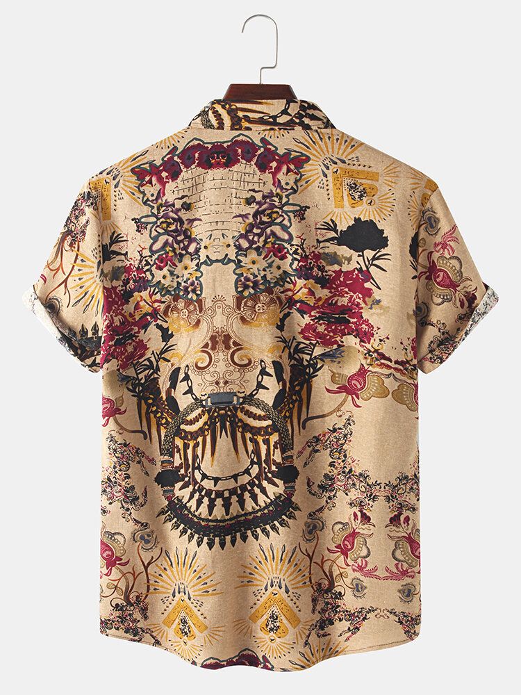 Camisa De Manga Corta Con Solapa Vintage Y Estampado Floral De Estilo Nacional Para Hombre