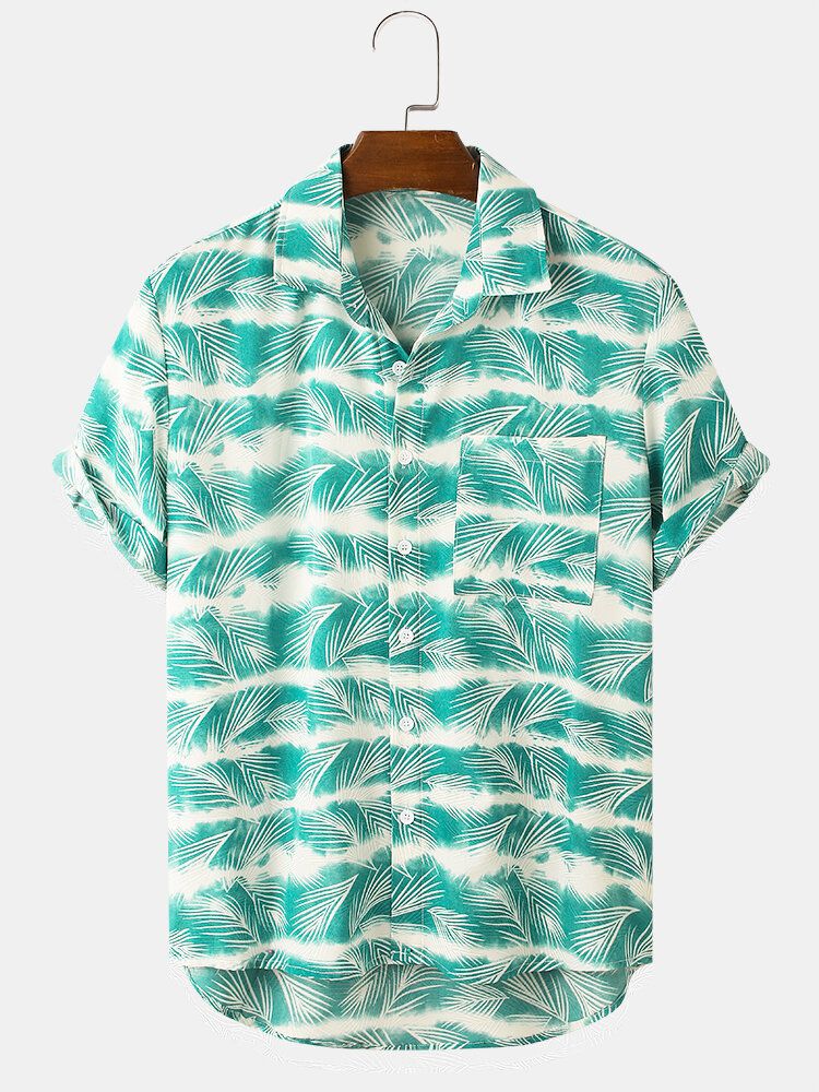 Camisa De Manga Corta Con Solapa Y Bolsillo Con Estampado De Caña Para Hombre