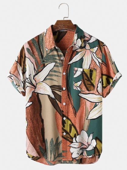 Camisa De Manga Corta Con Solapa Y Bolsillo Con Estampado De Flores Para Hombre