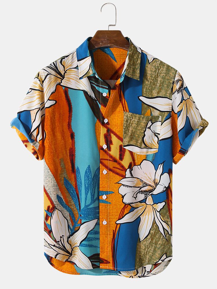 Camisa De Manga Corta Con Solapa Y Bolsillo Con Estampado De Flores Para Hombre