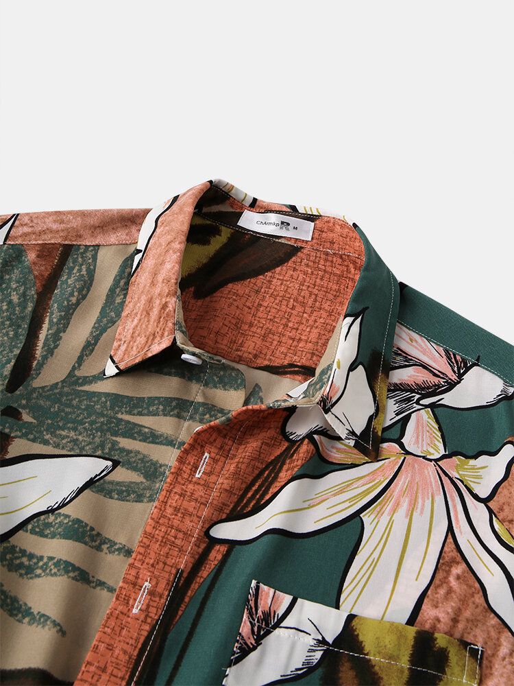 Camisa De Manga Corta Con Solapa Y Bolsillo Con Estampado De Flores Para Hombre