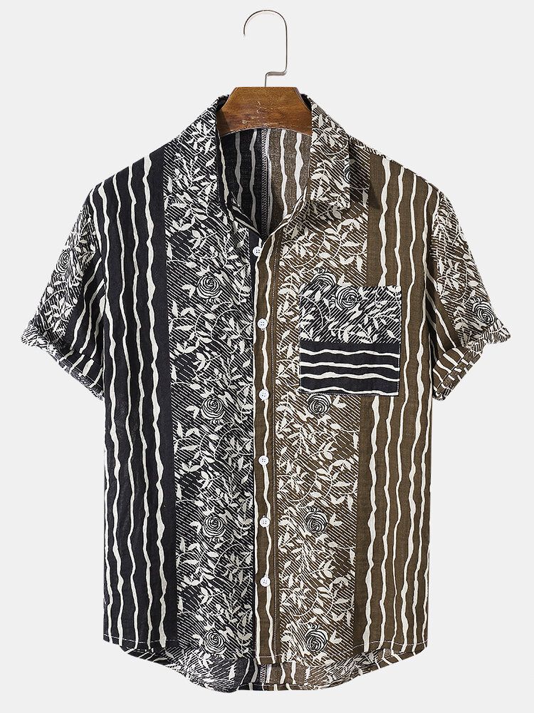 Camisa De Manga Corta Con Solapa Y Bolsillo Con Estampado De Hojas De Algodón 100% Para Hombre