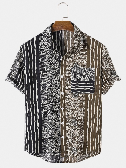 Camisa De Manga Corta Con Solapa Y Bolsillo Con Estampado De Hojas De Algodón 100% Para Hombre