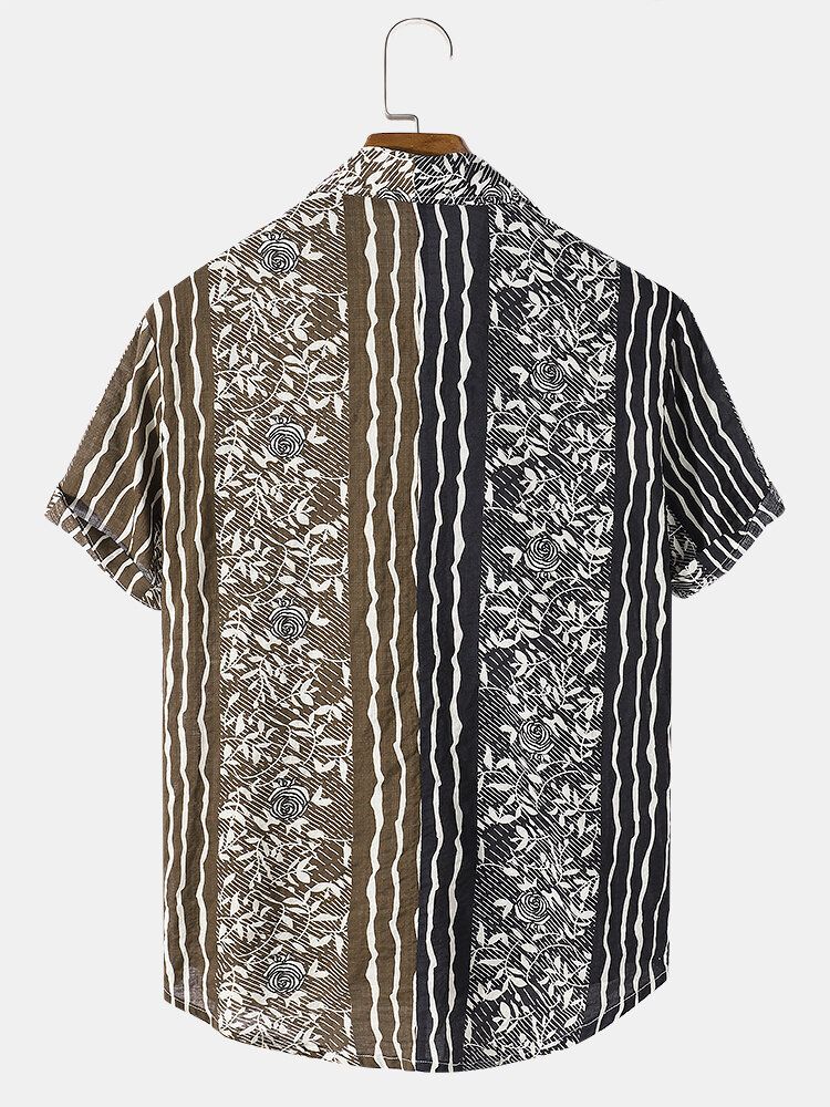 Camisa De Manga Corta Con Solapa Y Bolsillo Con Estampado De Hojas De Algodón 100% Para Hombre