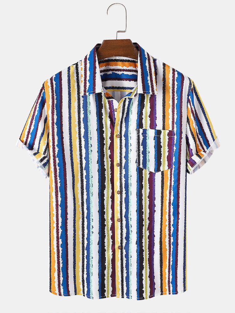 Camisa De Manga Corta Con Solapa Y Bolsillo Con Estampado De Rayas De Colores Para Hombre