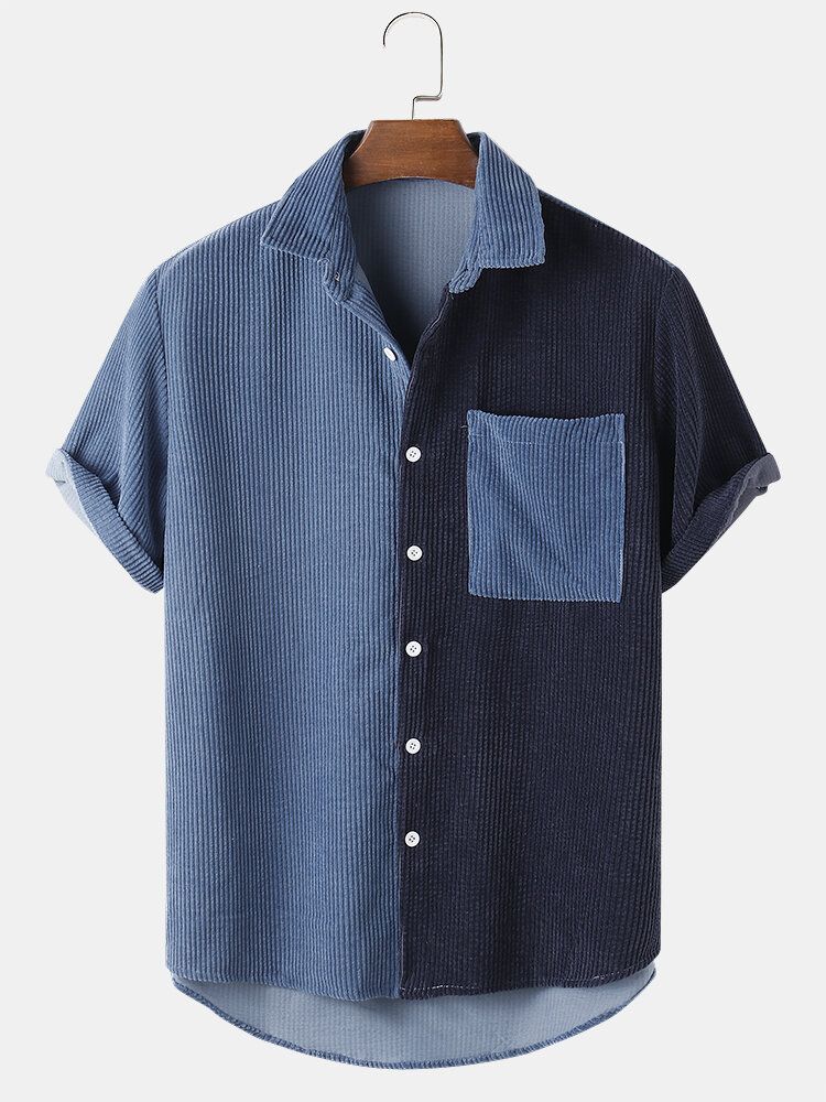 Camisa De Manga Corta Con Solapa Y Bolsillo De Pana Para Hombre