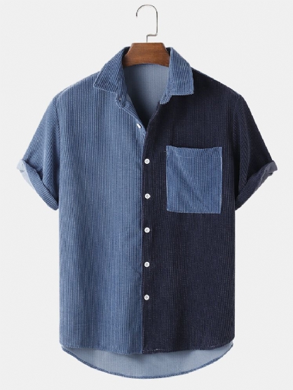 Camisa De Manga Corta Con Solapa Y Bolsillo De Pana Para Hombre