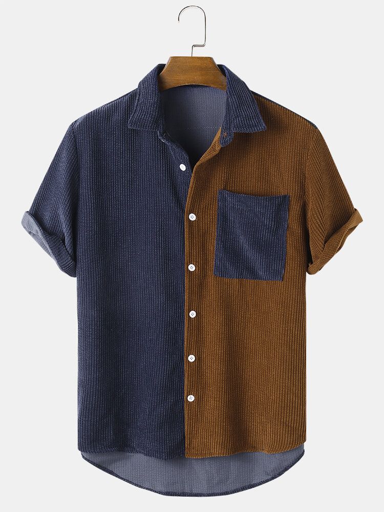 Camisa De Manga Corta Con Solapa Y Bolsillo De Pana Para Hombre