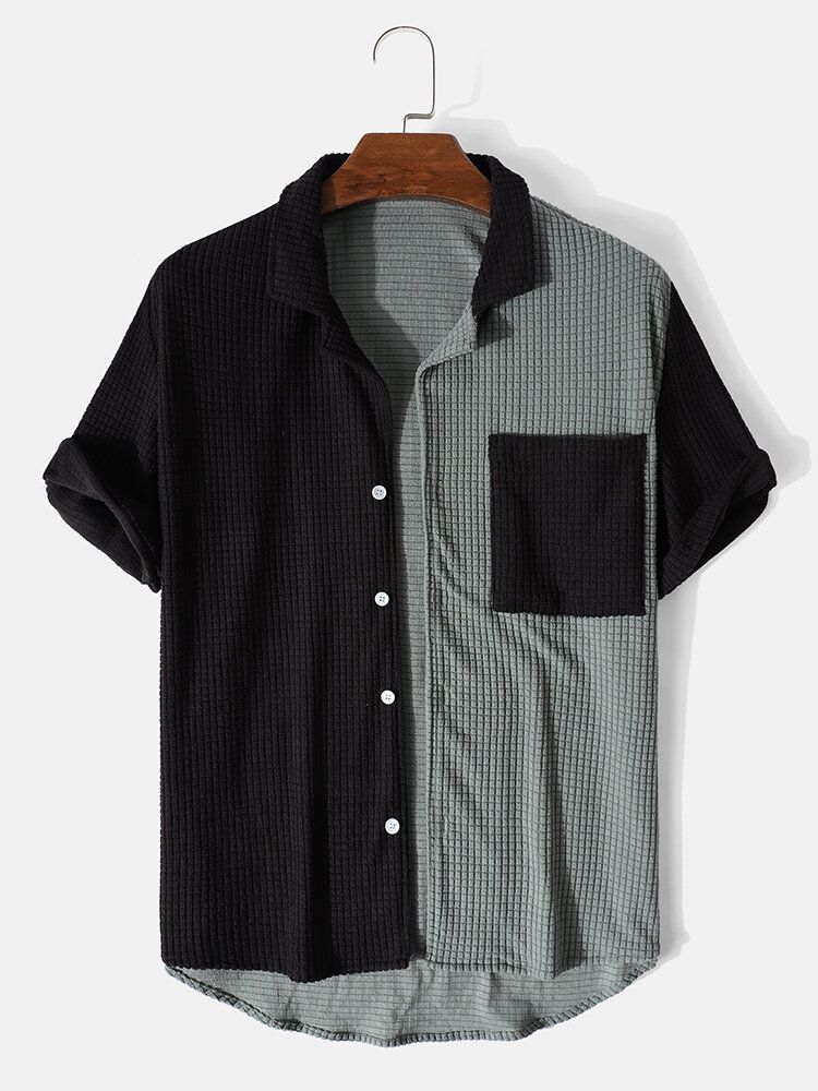 Camisa De Manga Corta Con Solapa Y Bolsillo De Pana Para Hombre