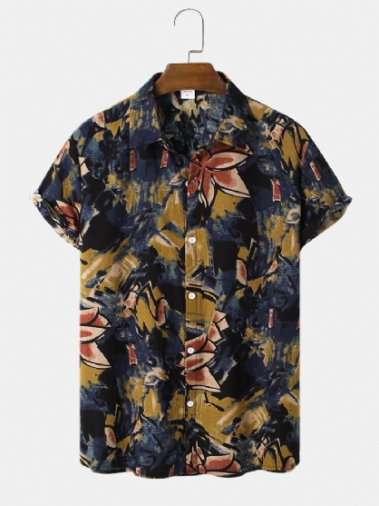 Camisa De Manga Corta Con Solapa Y Estampado Abstracto Vintage Con Estampado De Flores Para Hombre